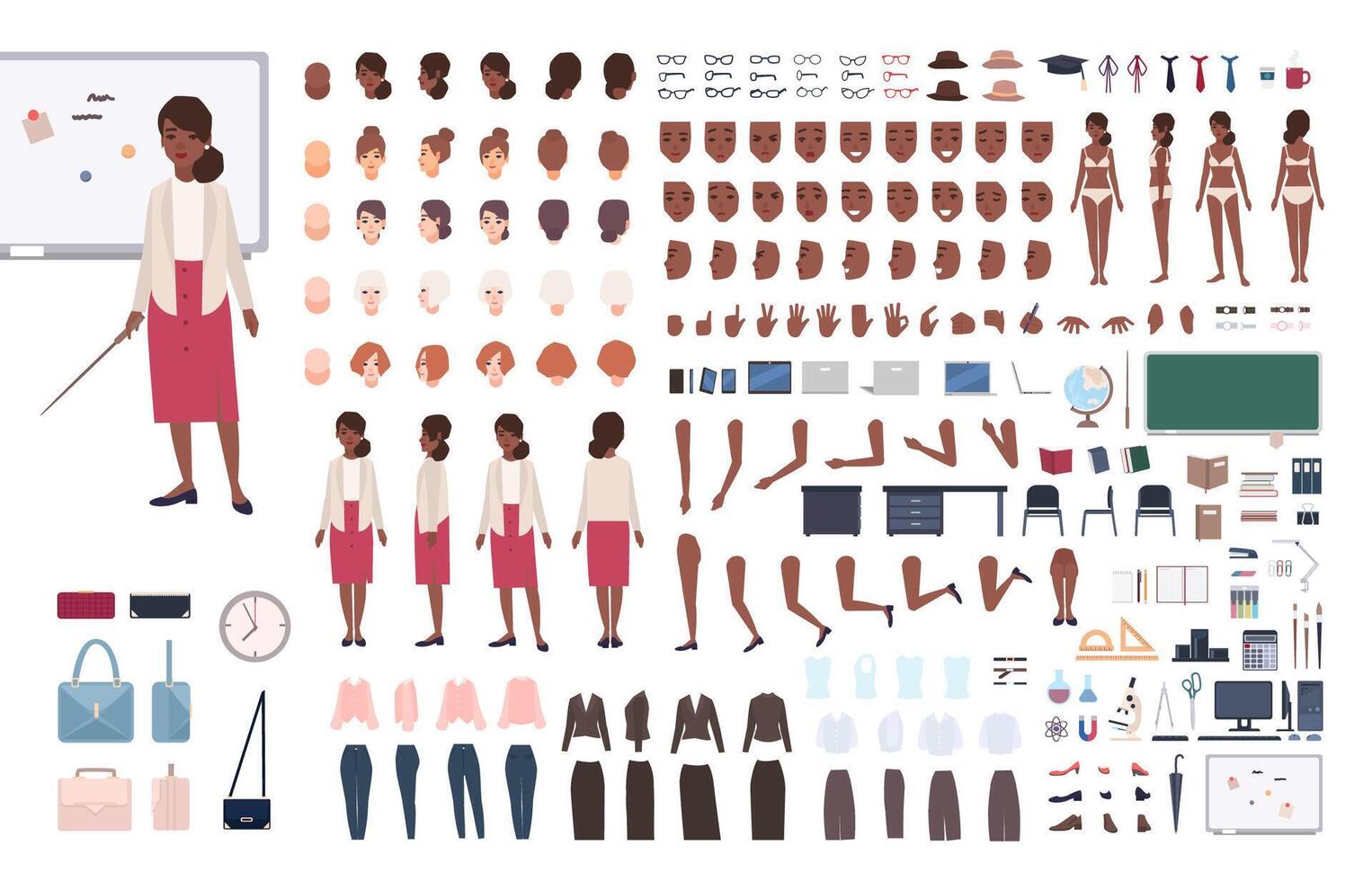 African American woman school teacher or teaching professor DIY or constructor kit. Bundle of female character body elements, poses, clothing isolated on white background. Cartoon illustration vector