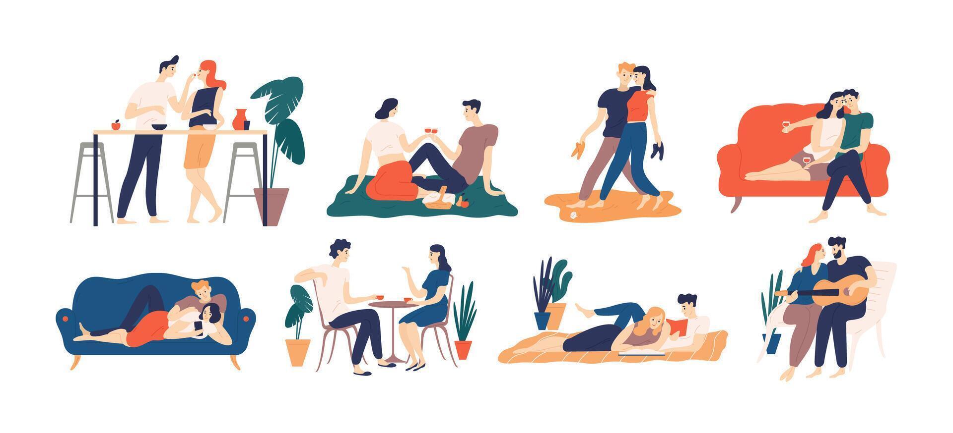 Collection of romantic couple spending time or relaxing together - having picnic, reading books, drinking coffee or wine, playing guitar, walking. Colorful illustration in flat cartoon style vector