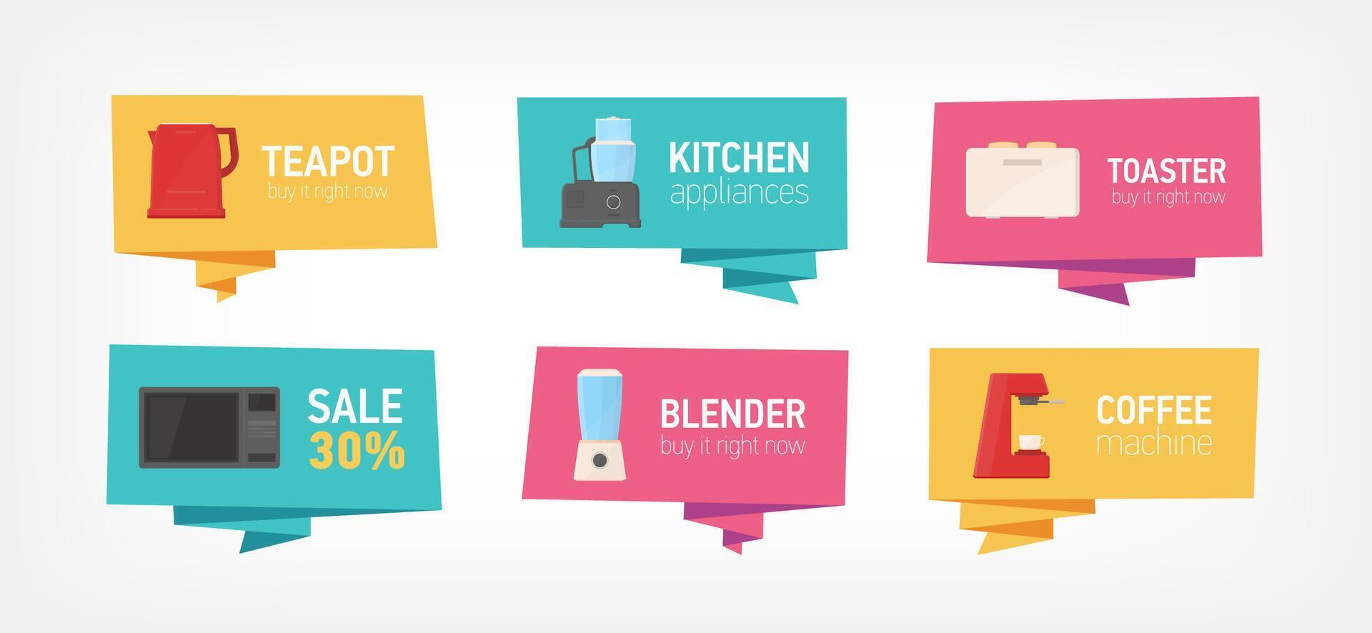 Collection of banners with kitchen utensils and household appliances isolated on white background. Bundle of badges with cooking facilities or electric tools. Flat colorful illustration vector