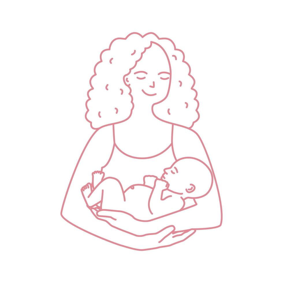 Portrait of smiling mother holding baby drawn with contour line on white background. Cheerful mom carrying newborn child. Happy parenting, motherhood and nursing. Monochrome illustration vector