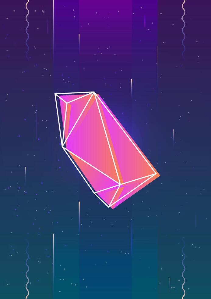 Vertical backdrop with glowing bright colored flying faceted stone or crystal and its outline against outer space with stars on background. Colorful illustration in cool modern style vector