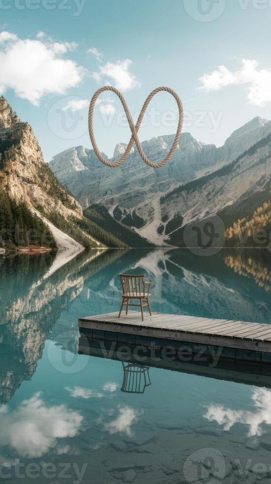 A chair sitting on a dock with a lake in the background photo