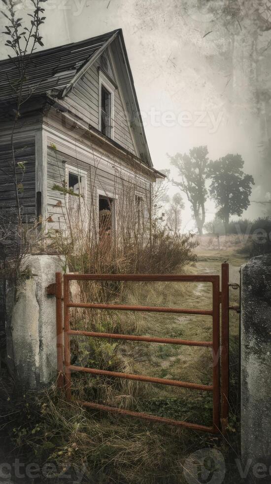 An old abandoned house with a gate and fence photo