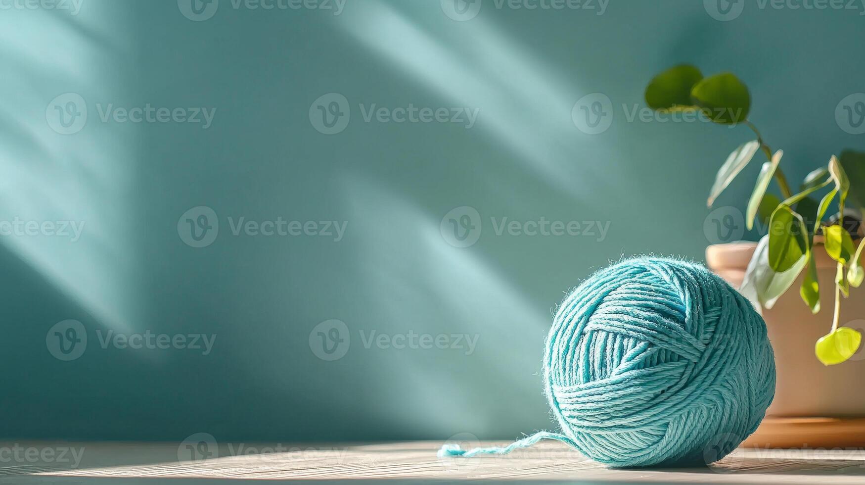 pale blue wool yarn ball sits on table with soft shadows and potted plant photo