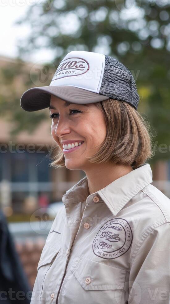 A woman wearing a hat and a shirt photo