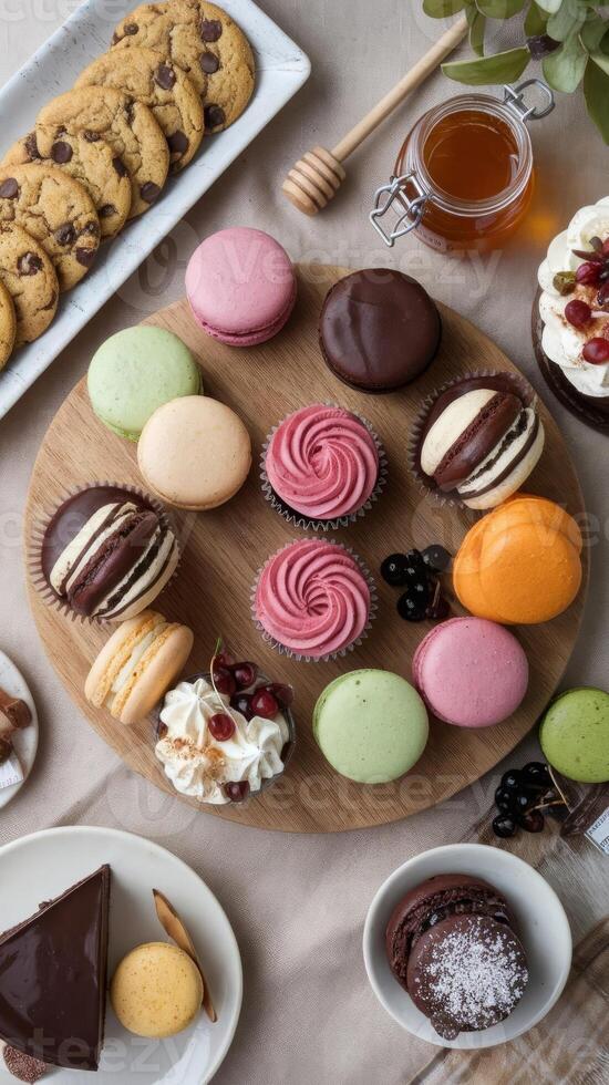 A table with various types of cookies and cakes photo