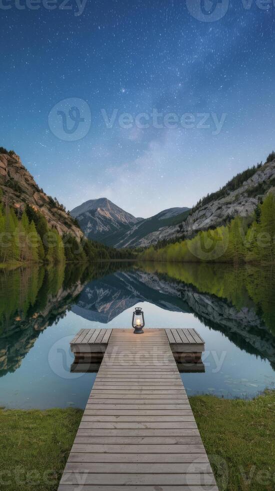 A wooden dock with a lantern on it in front of a lake photo