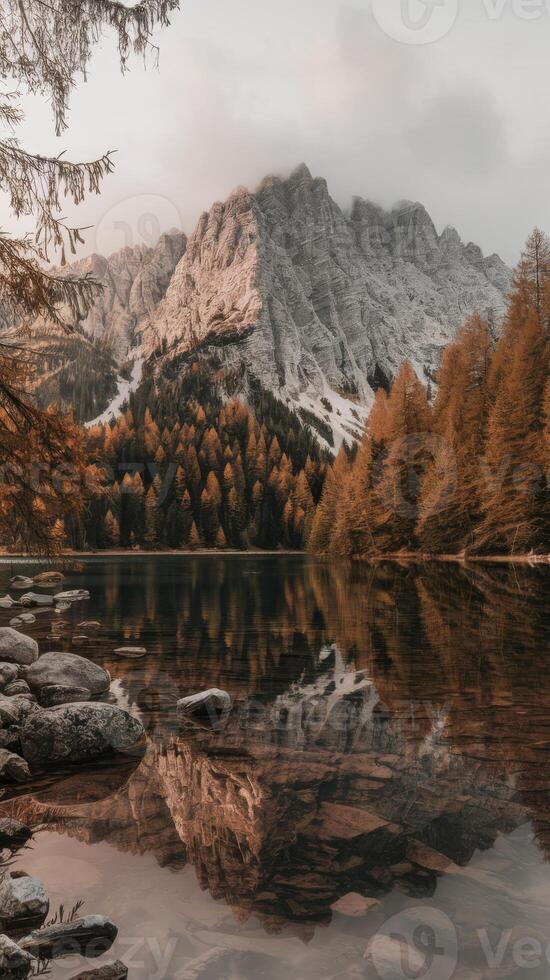 A mountain lake surrounded by trees and rocks photo