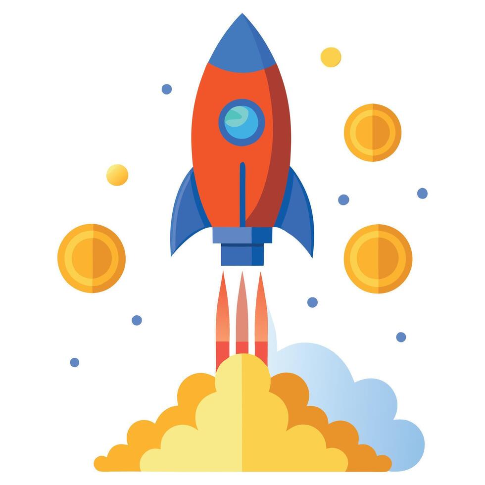 Colorful Cartoon Rocket Ship Launching with Golden Coins and Financial Growth Theme vector