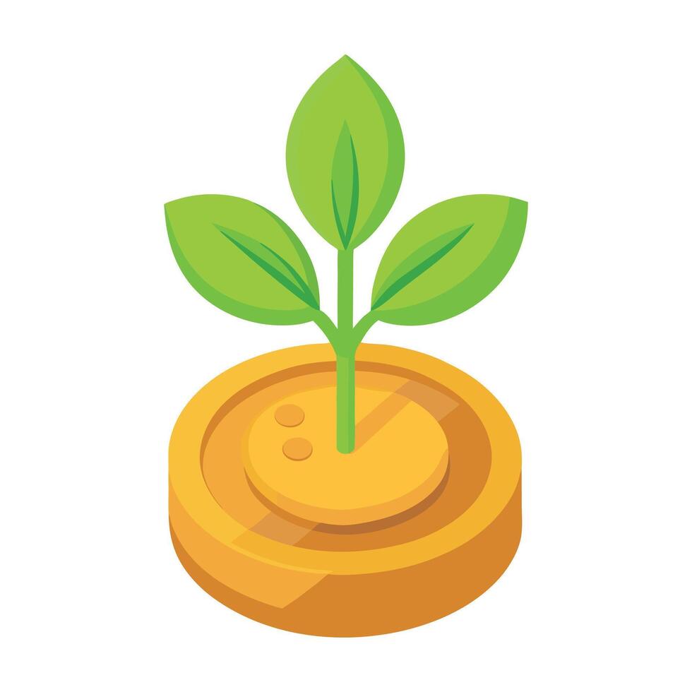 Golden Coin Flower with Green Leaves Symbolizing Financial Growth in Cartoon Style vector