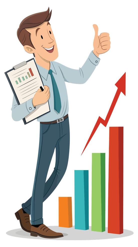 Business Cartoon Character with Clipboard and Bar Chart Showing Growth vector