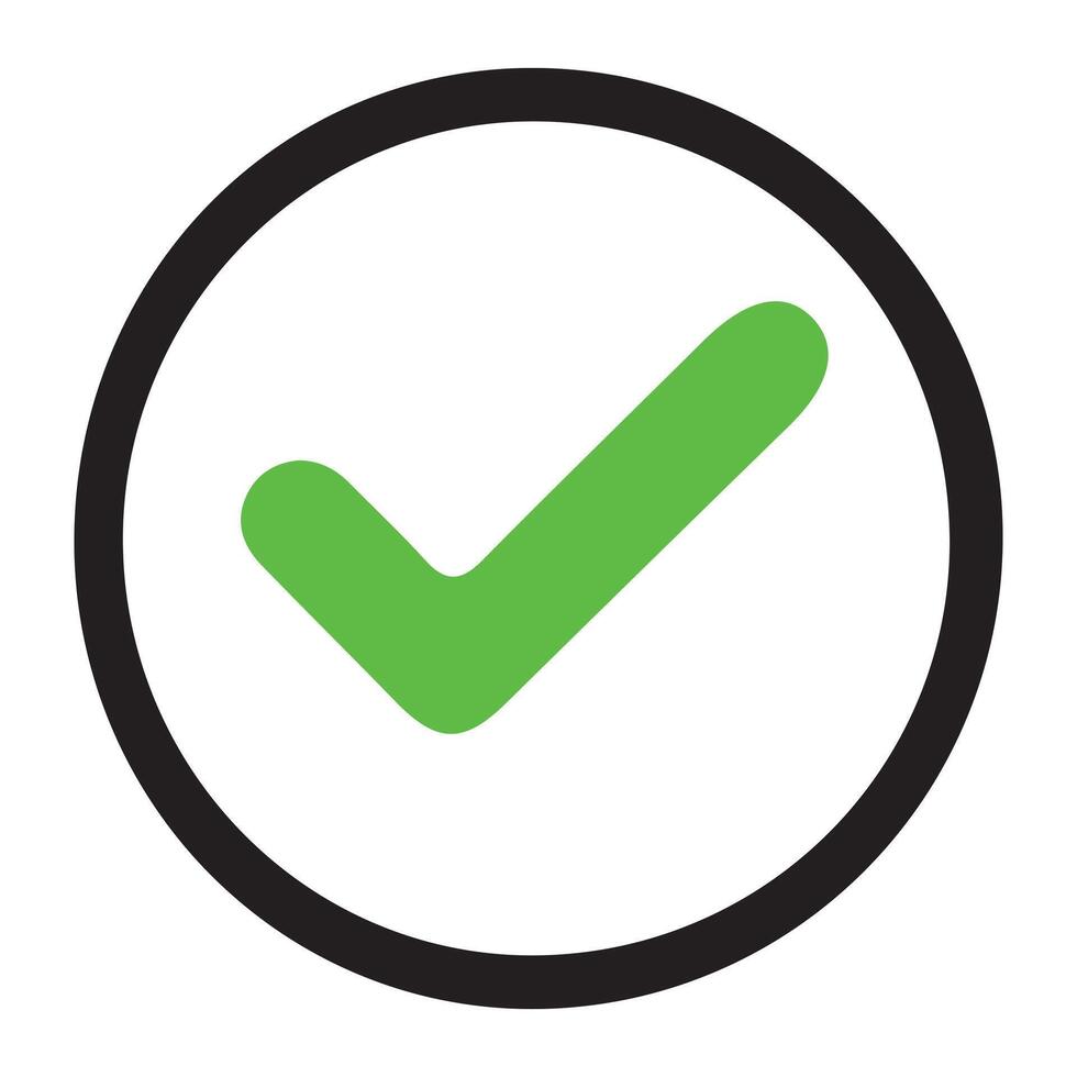 Bright Green Checkmark Icon with Black Circular Border and Minimalist Design vector