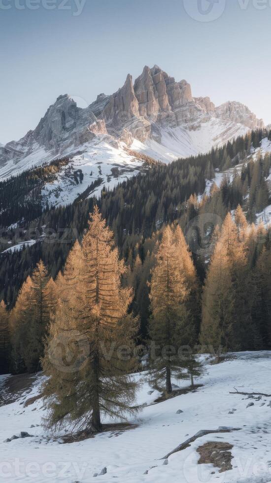 A snowy mountain landscape with trees and snow photo