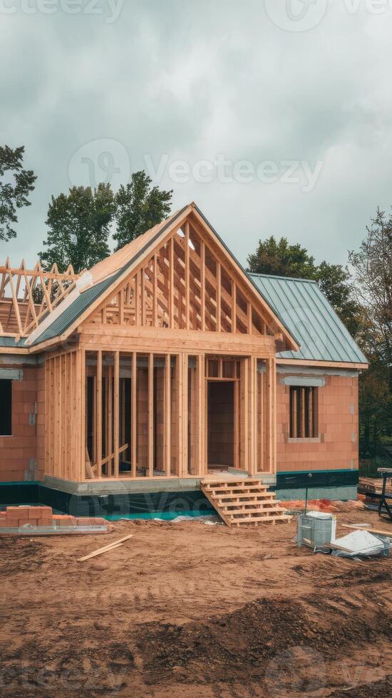 A house under construction with wooden framing photo