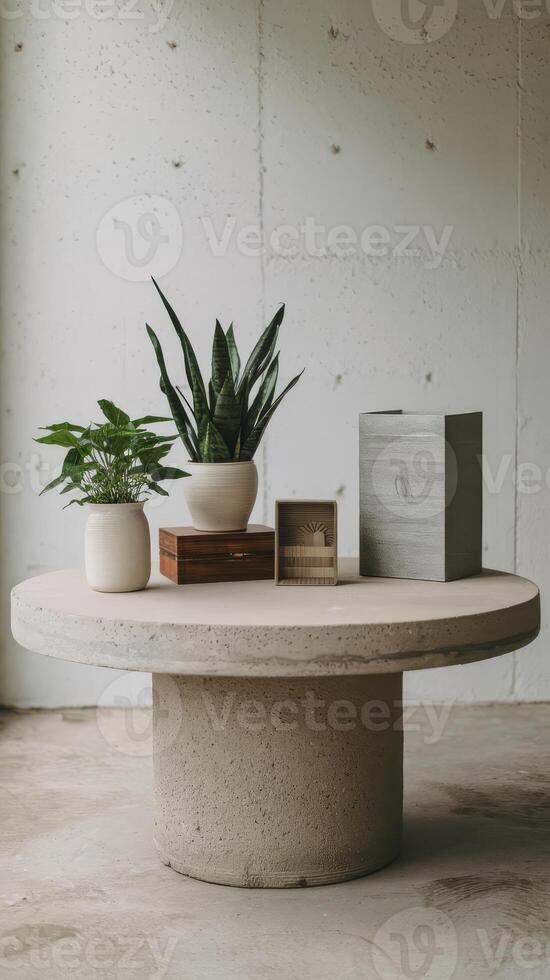 A concrete coffee table with a plant on it photo