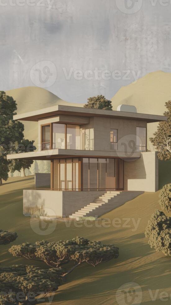 A rendering of a modern house on a hillside photo