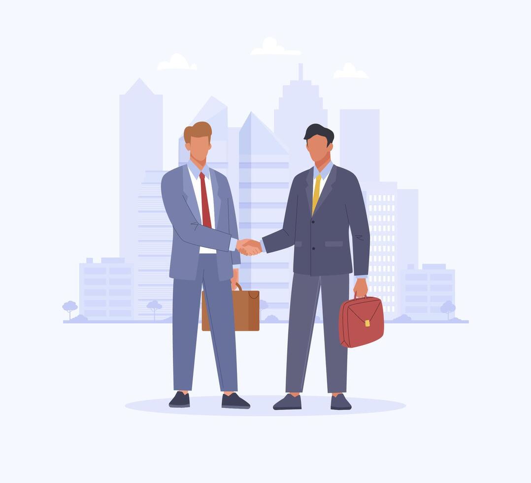 Partnership in business. Two men in suits shaking hands on the city background. Business concept of concluding contract, teamwork. Illustration in cartoon flat style vector