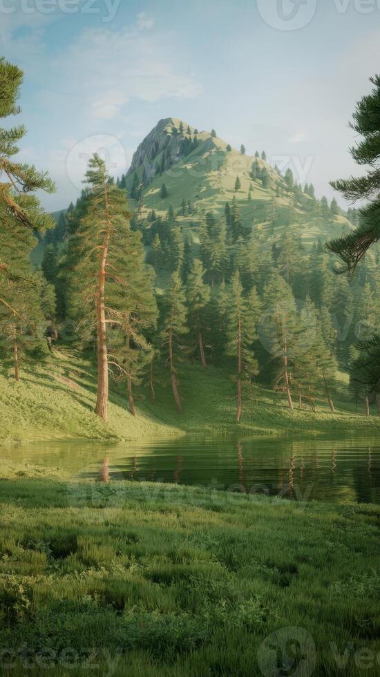 A green field with trees and a lake photo