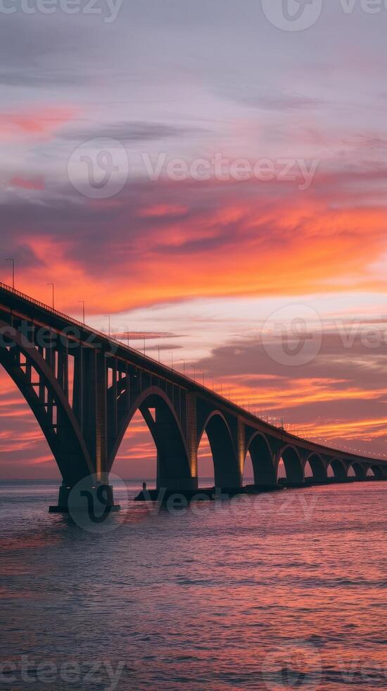 A bridge spanning the ocean at sunset photo