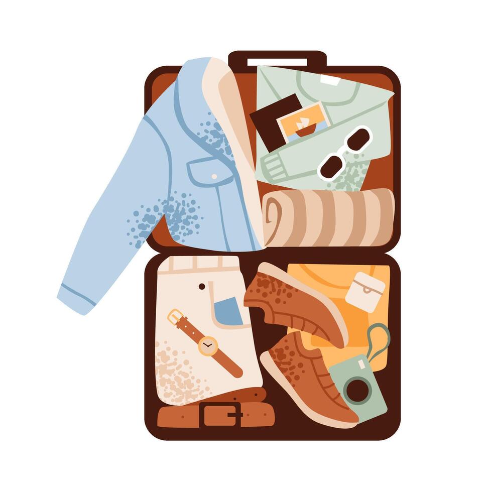 Travel suitcase with packed clothing, accessories. Travel luggage and essential items. Packing checklists. vector