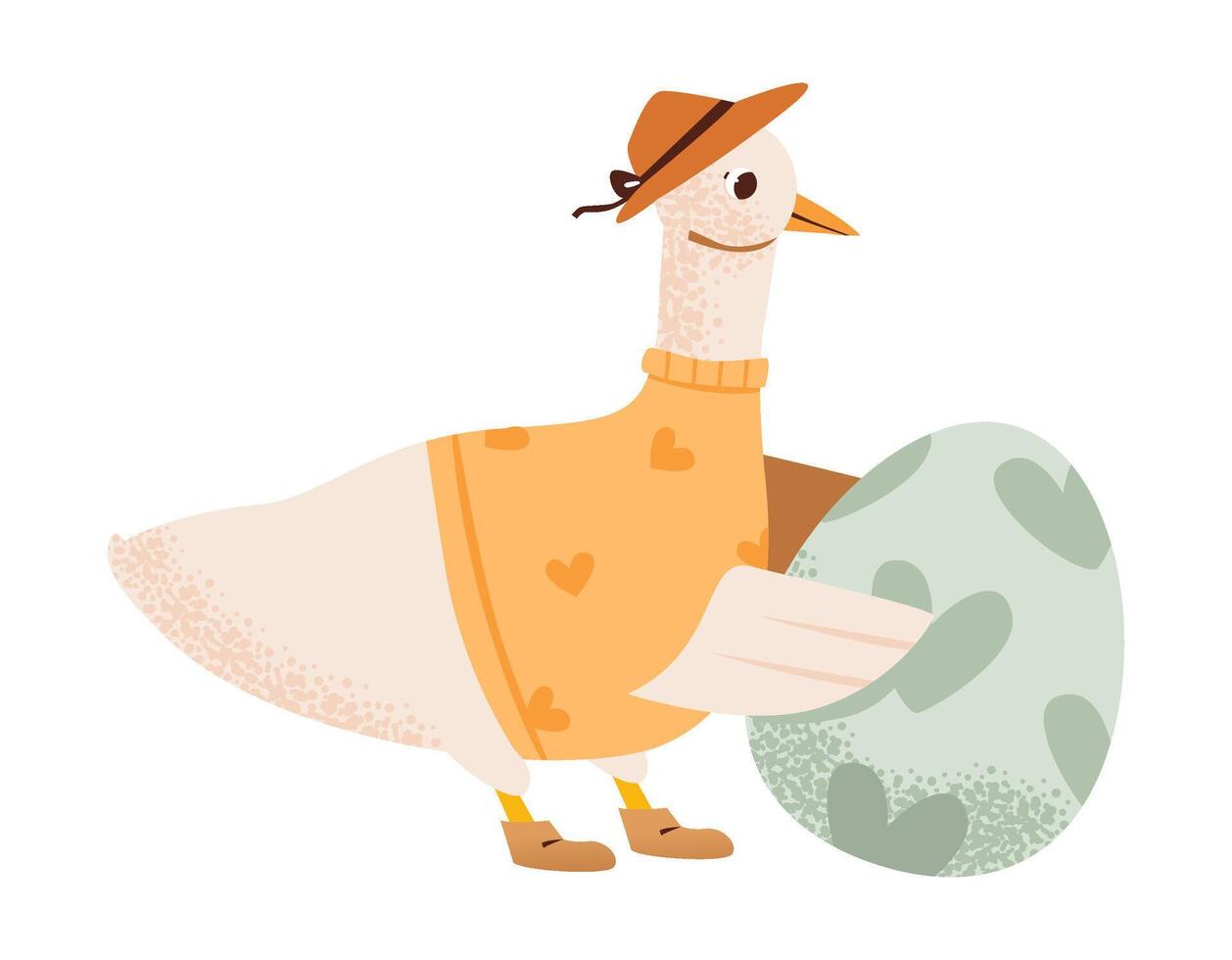Easter goose and pastel egg with hearts. Easter illustration with cute bird and decorative egg. vector
