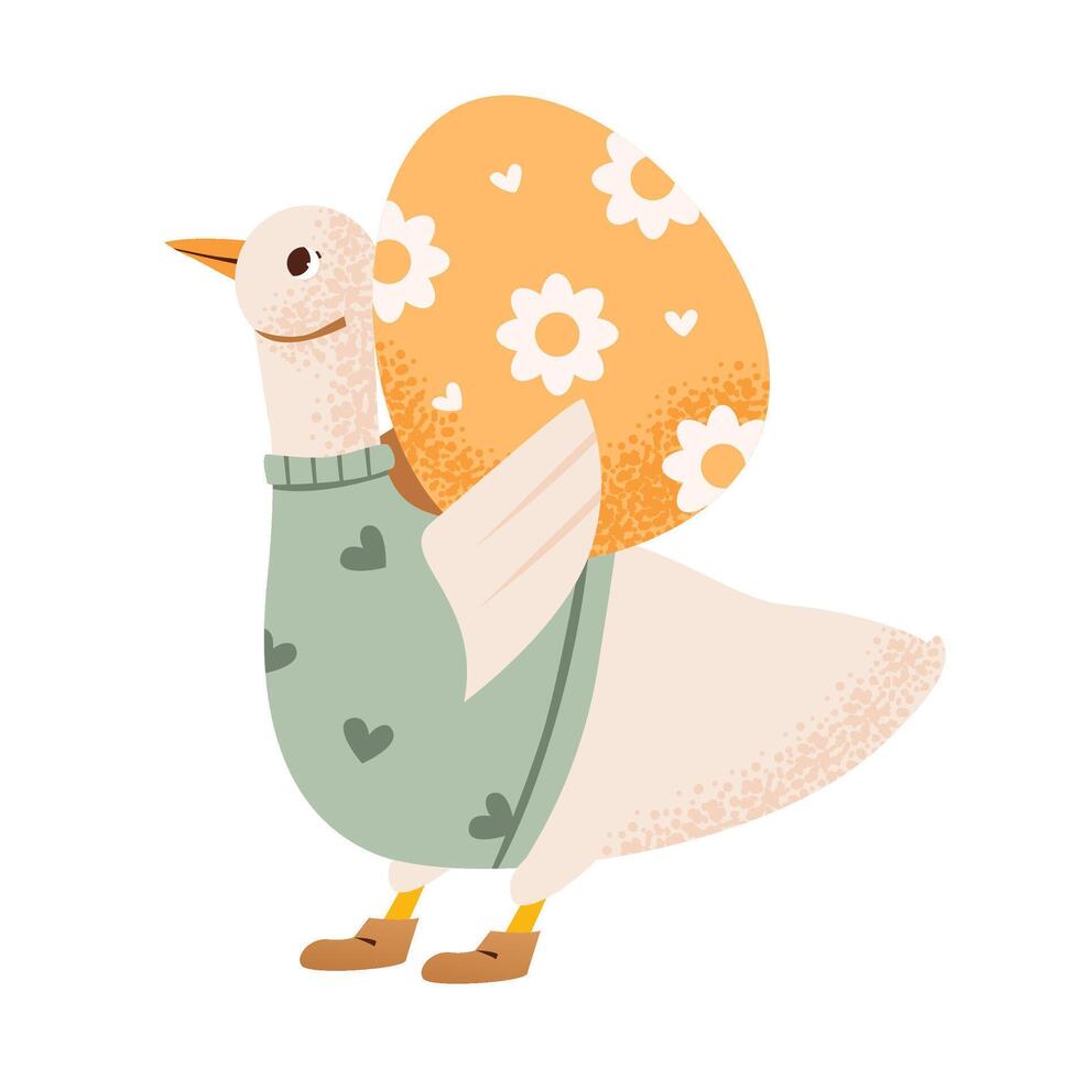 Easter goose and pastel egg with spring flowers. Easter illustration with cute bird and decorative egg. vector