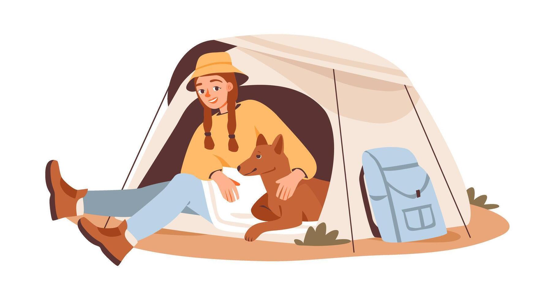 Female camper with a tent and her loyal dog. Adventure, travel, and pet-friendly exploration. Flat illustration of a woman hiking with her pet. vector