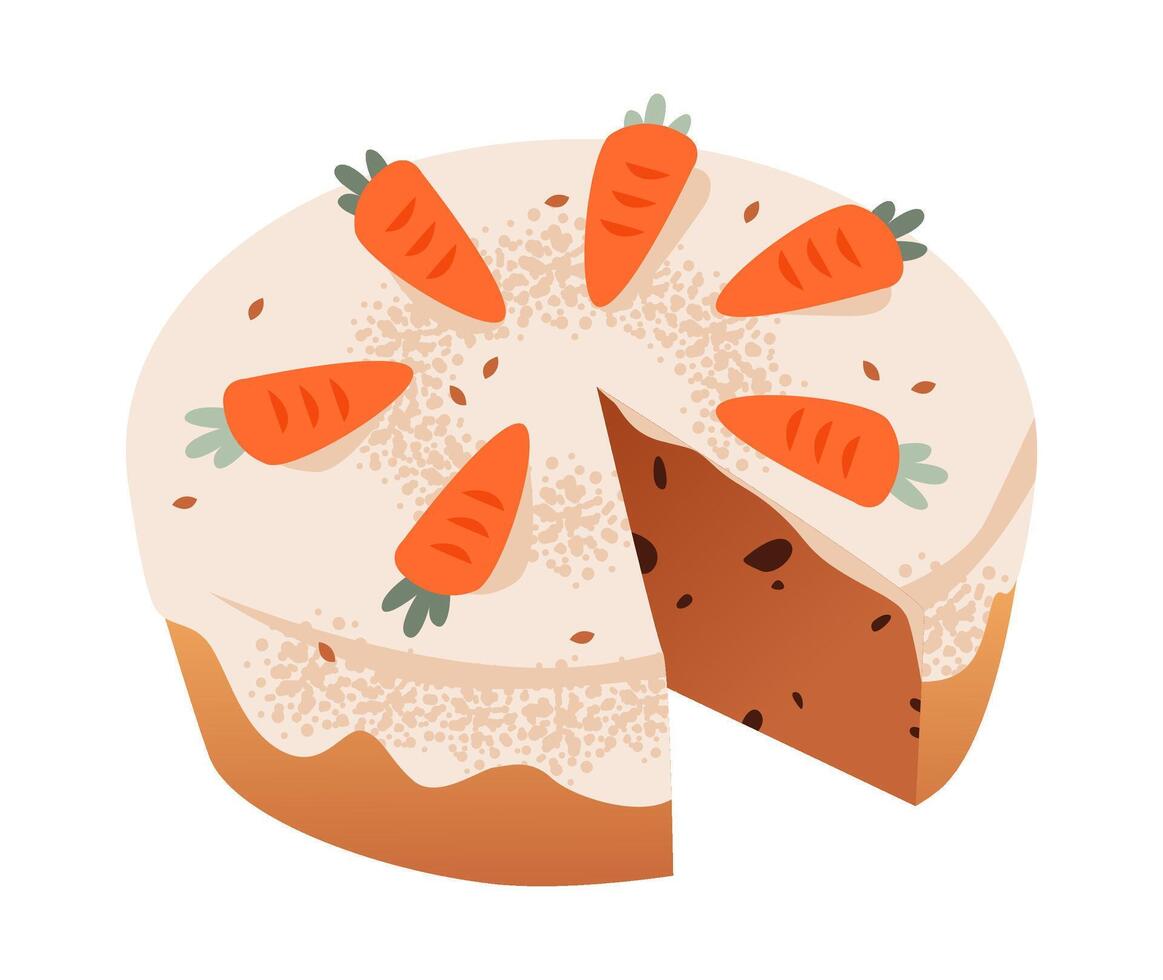 A homemade Easter carrot pie with cinnamon, vanilla icing, and festive decorations. Easter pastry. Festive illustration. vector