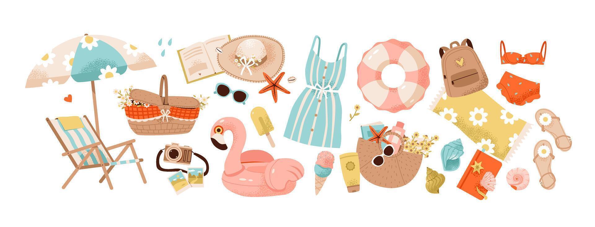 Summer set. Summer time weekend and travel with a beach chair, inflatable flamingo and picnic basket. Summer vacation with a beach umbrella, sunglasses, and ice cream. Flat illustration set. vector