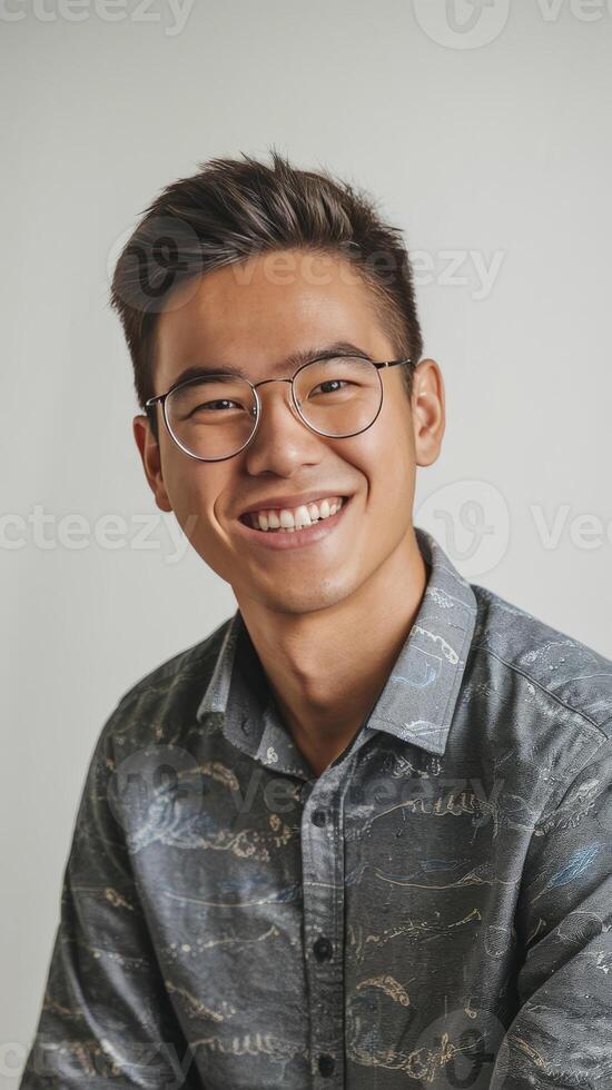 A young man wearing glasses and a shirt smiling photo