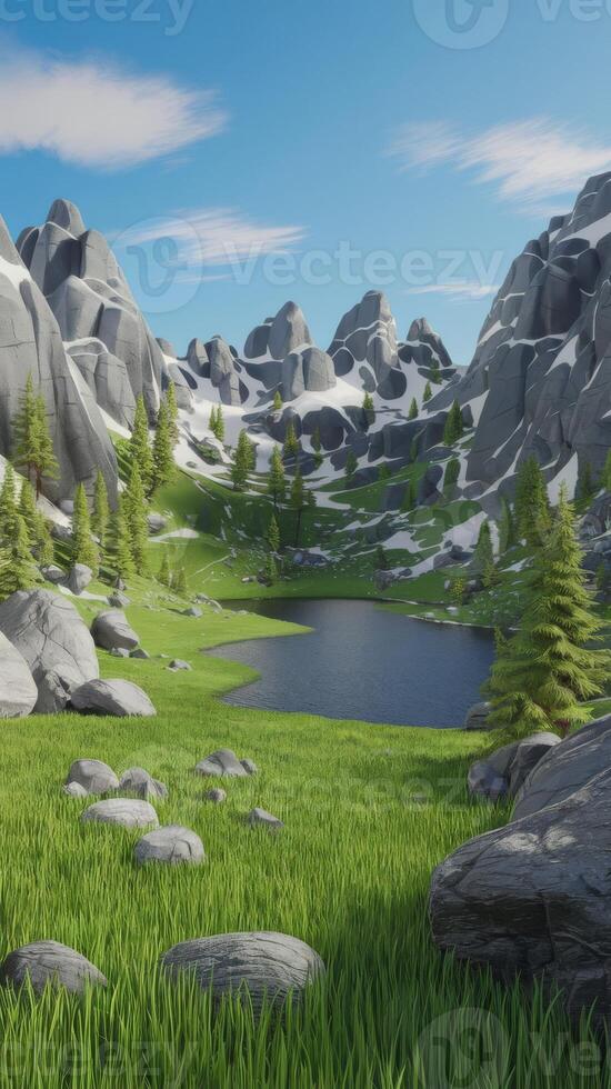 A 3d rendering of a mountain landscape with a lake and trees photo
