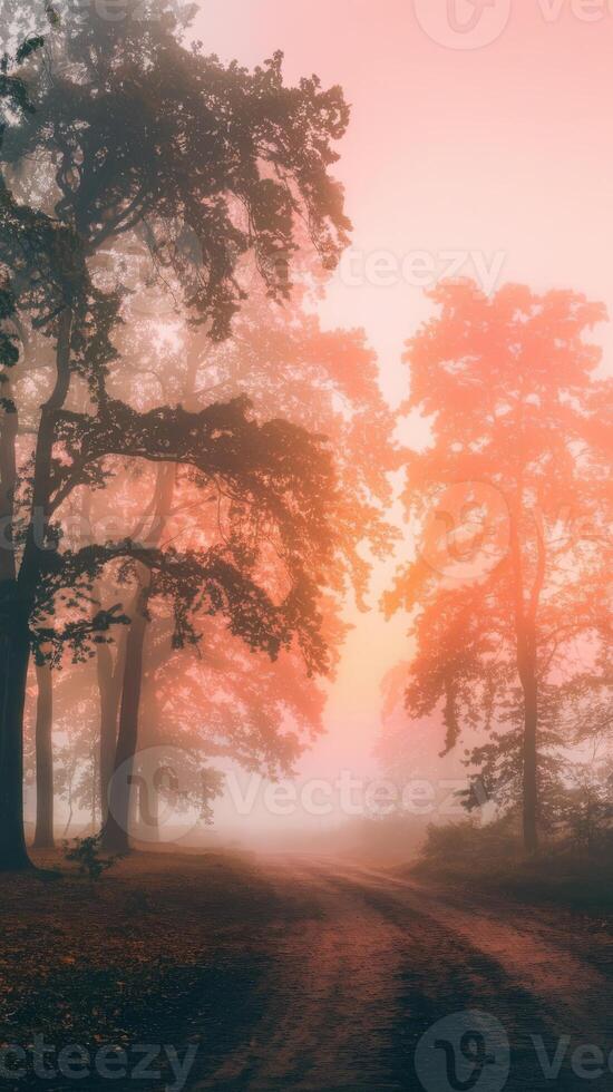 A road in the fog with trees and fog photo