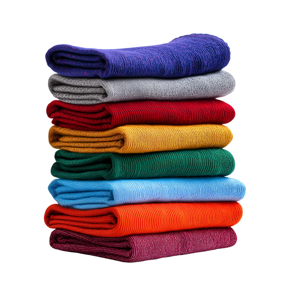 3D Neatly Folded Vibrant Towels Stack on Transparent Background png