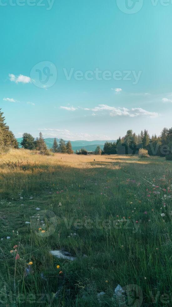 A field with flowers and trees photo