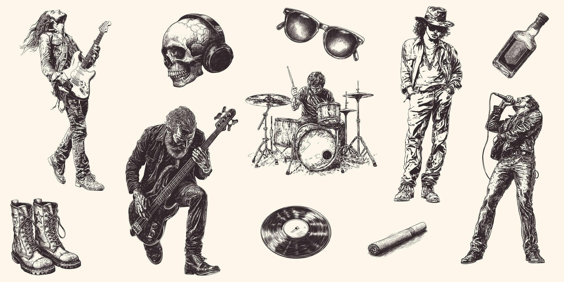 Grunge rockstar vibes sketch collection capturing music, rebellion, and timeless artistry vector