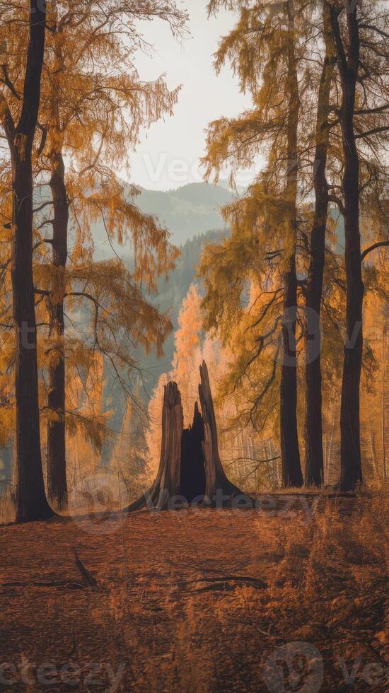 A tree stump in the middle of a forest photo