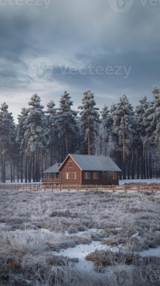 A winter scene with a cabin in the middle of a snowy field photo