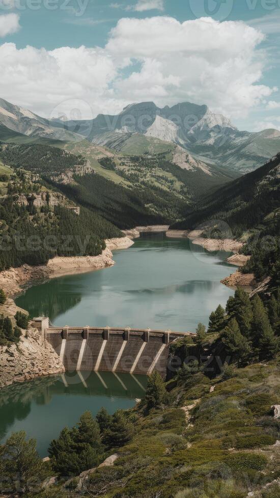A dam in the middle of a lake surrounded by mountains photo