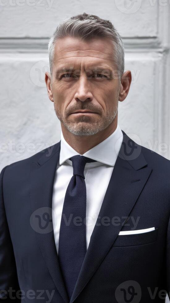 A man in a suit and tie standing in front of a white wall photo