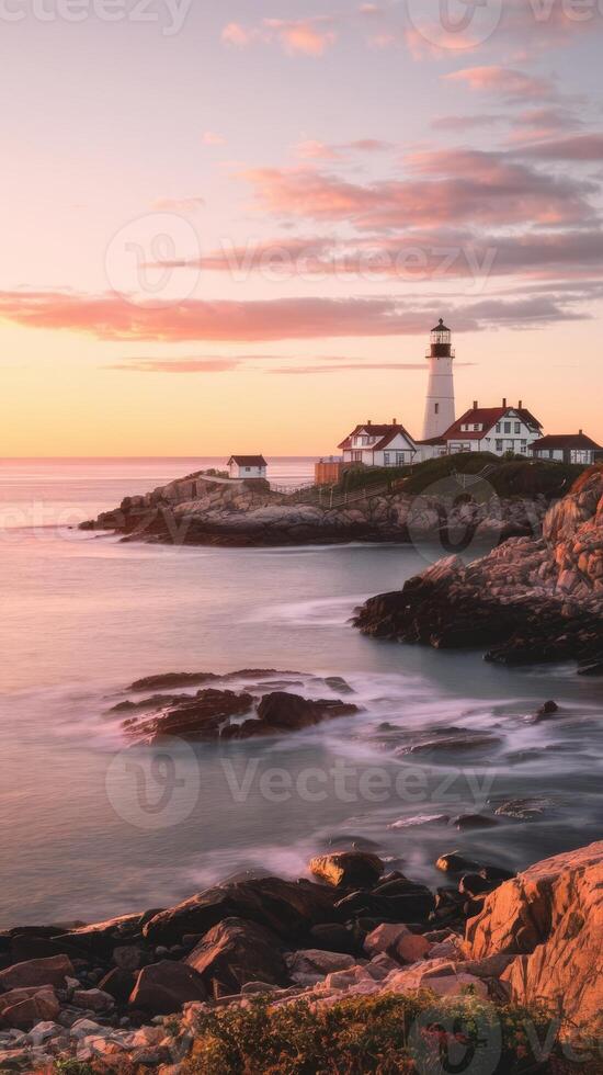 The lighthouse at sunset in maine photo