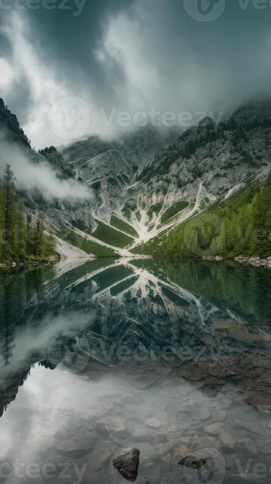 A mountain lake surrounded by trees and clouds photo