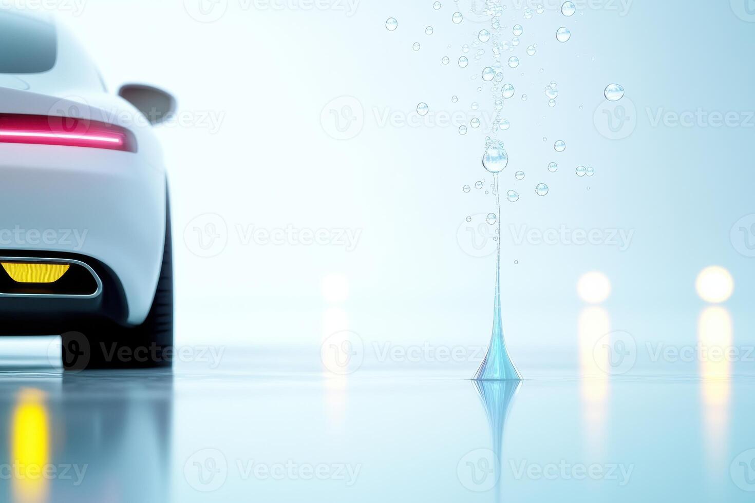Sleek car design with soap bubbles creating artistic reflections in a sparkling environment photo