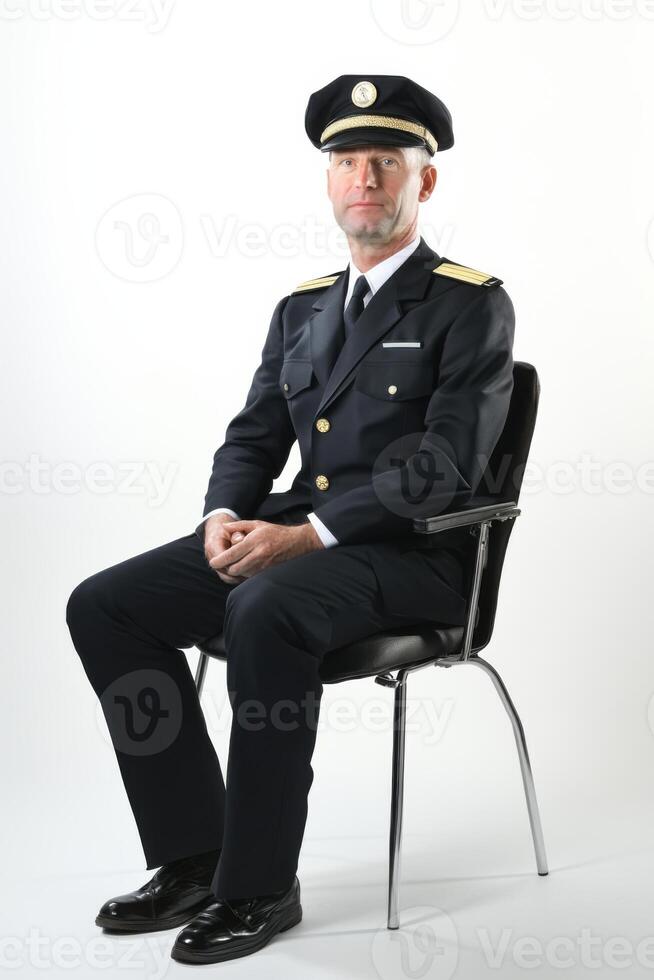 A man in a uniform sitting on a chair photo