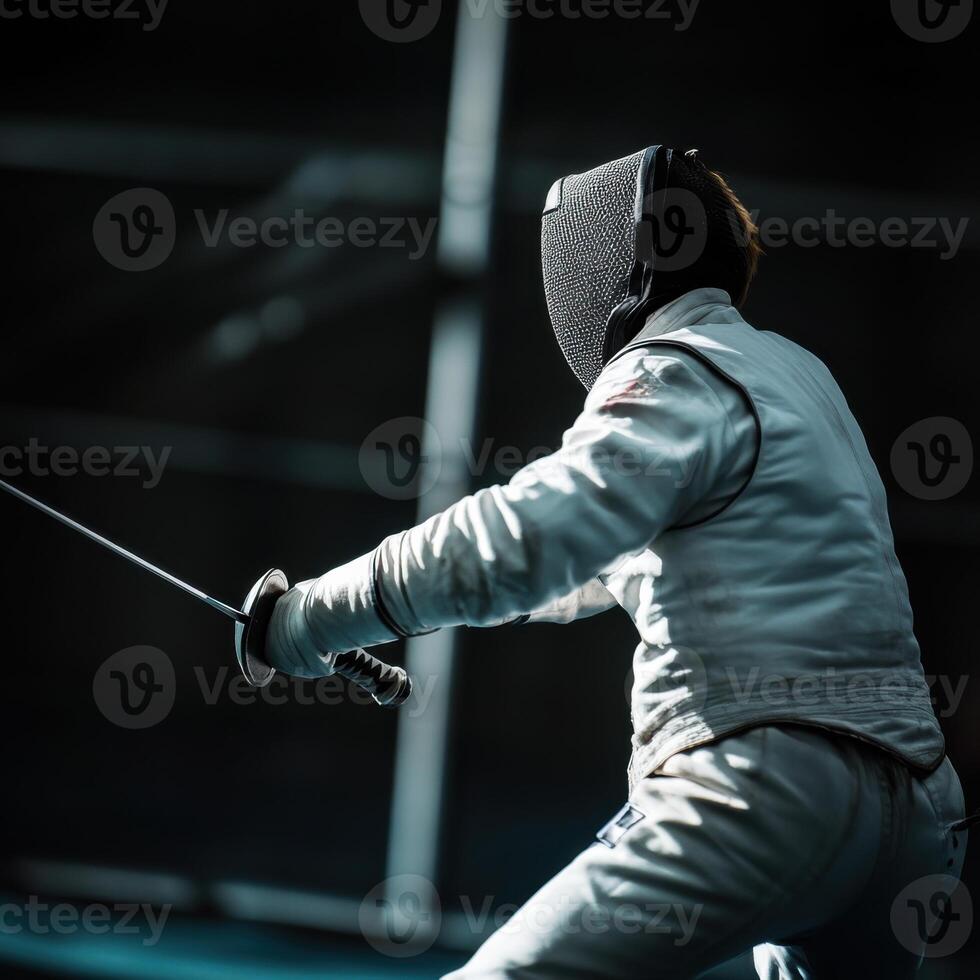 Mastery of movement in fencing at a competitive training session in an indoor arena photo