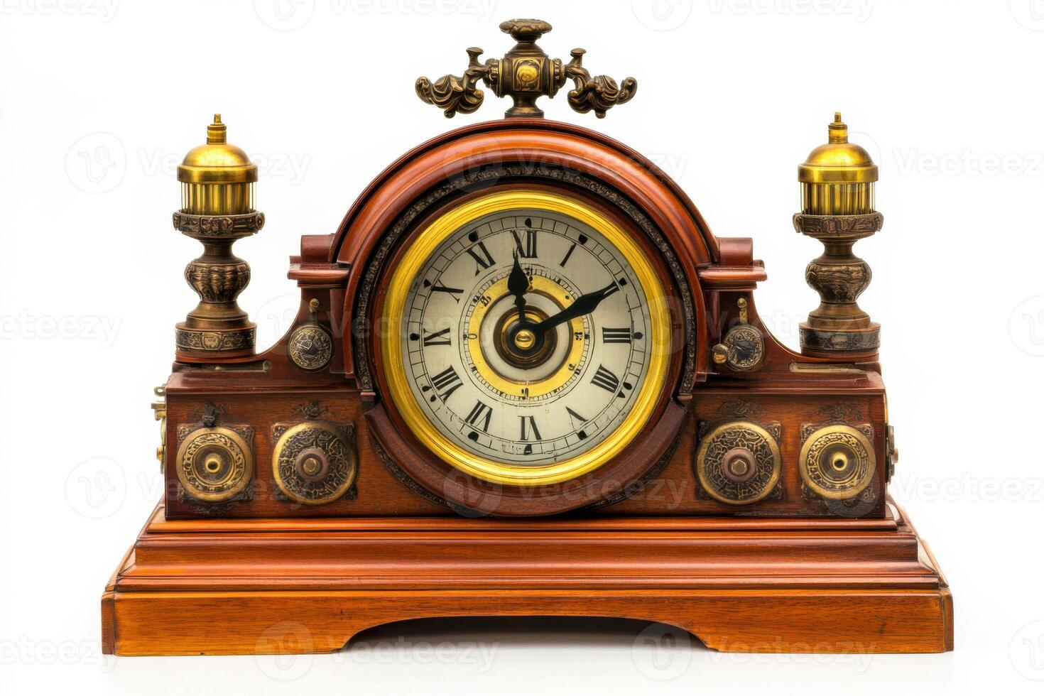 Antique wooden clock isolated on white background photo