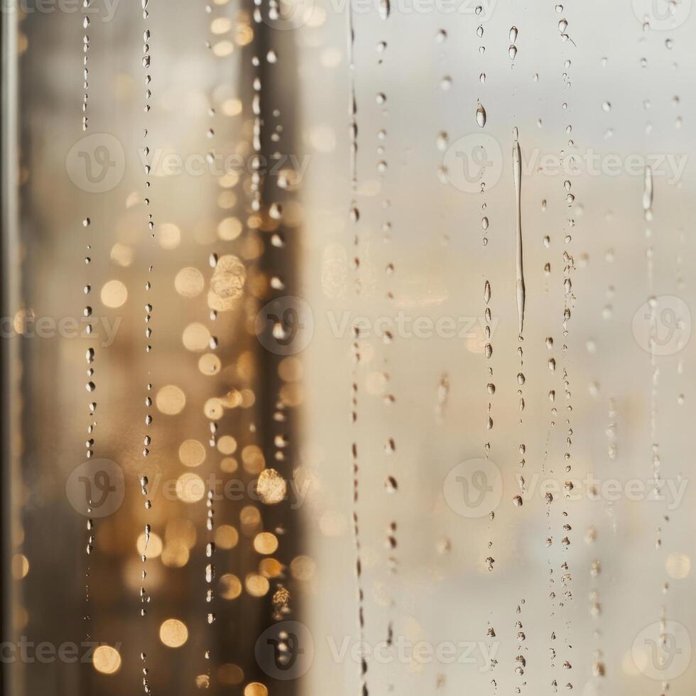 Close-up of raindrops cascading down a tall windowpane with a dreamy blurred backdrop photo