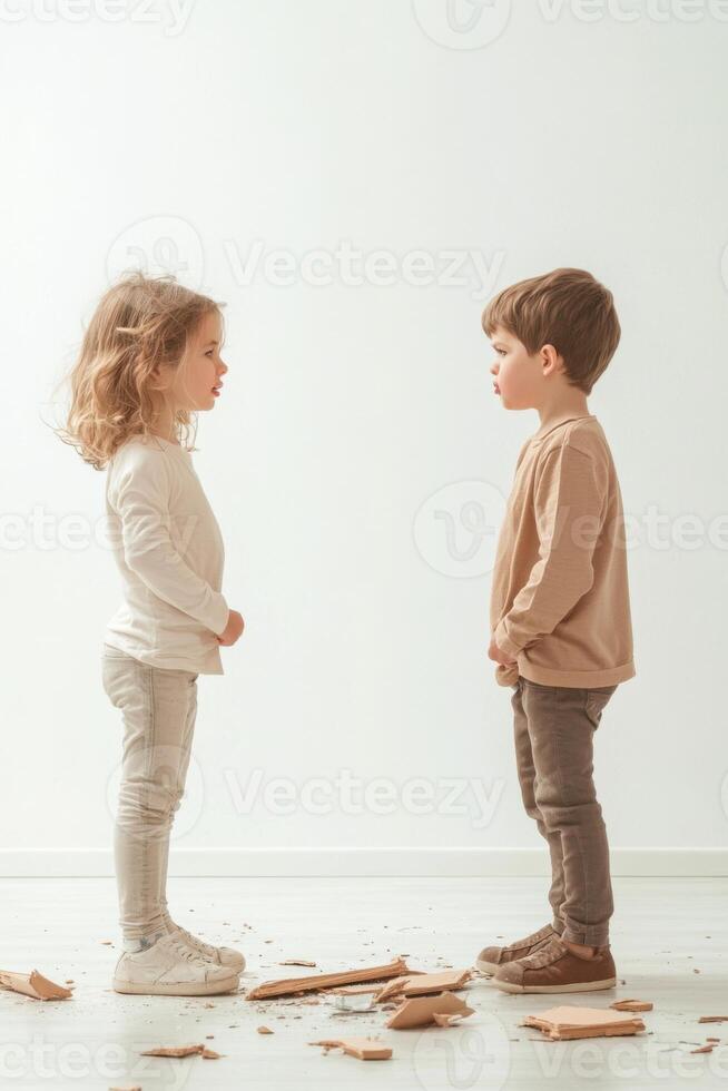 Conflict emerges as two children stand apart, confronting each other over a broken toy in a calm indoor setting photo