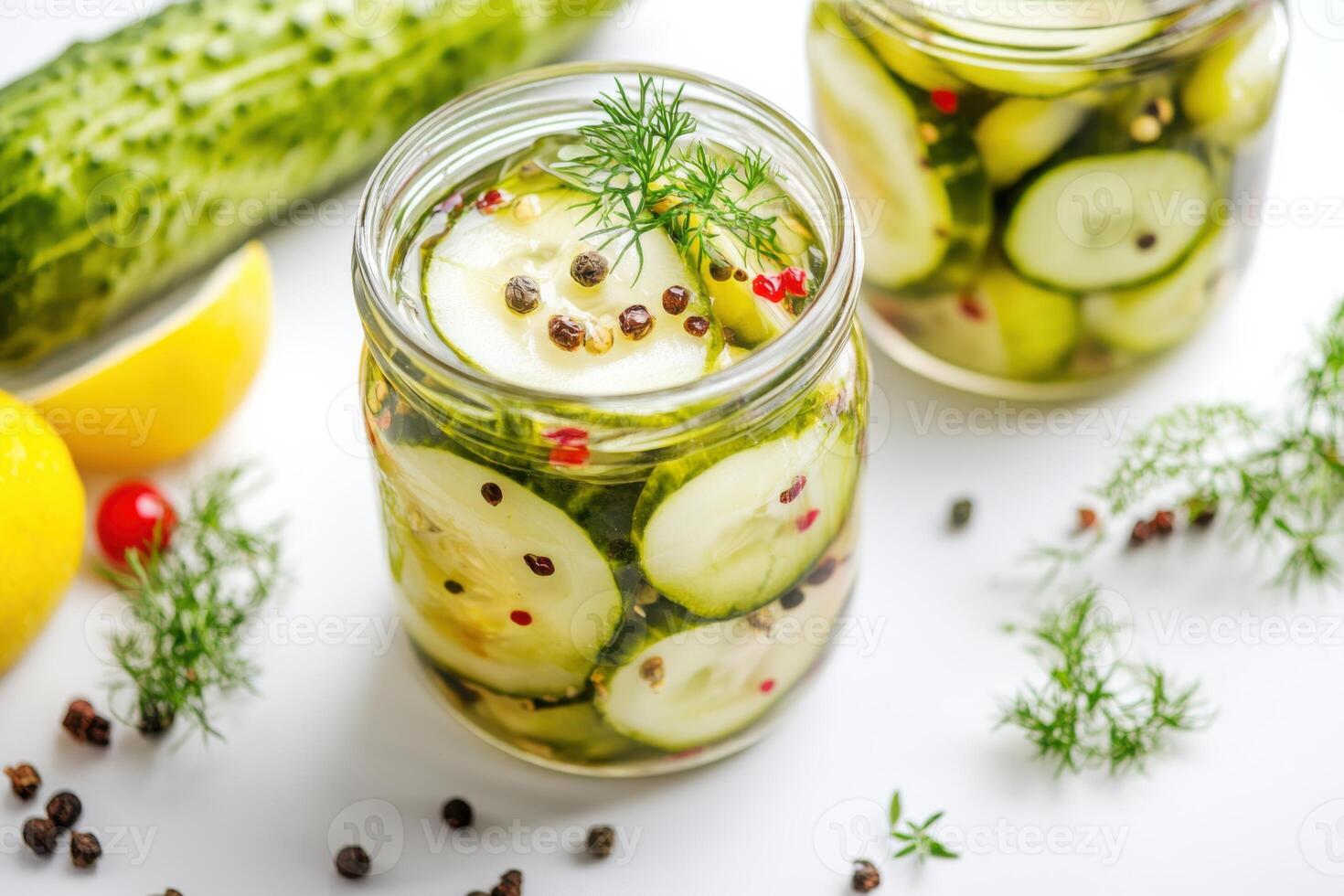 Two jars filled with pickles and cucumbers photo