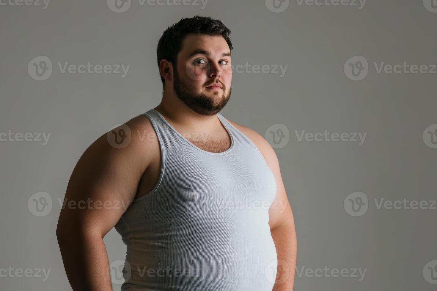 A man in a tank top standing in front of a gray background photo