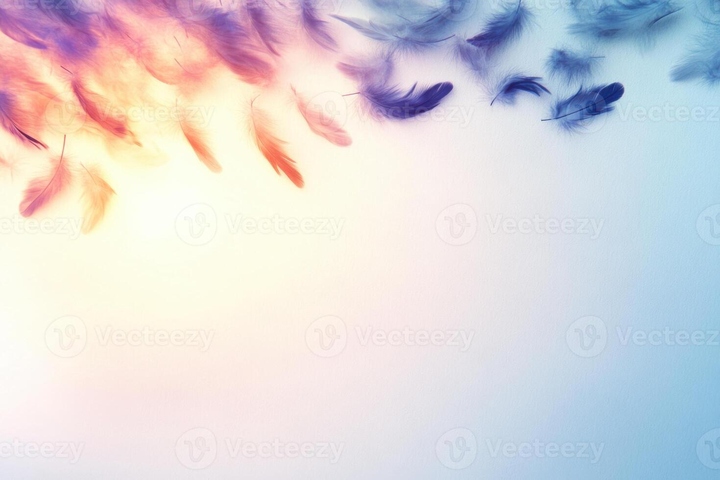 Feathers flying in the air with a blue sky background photo